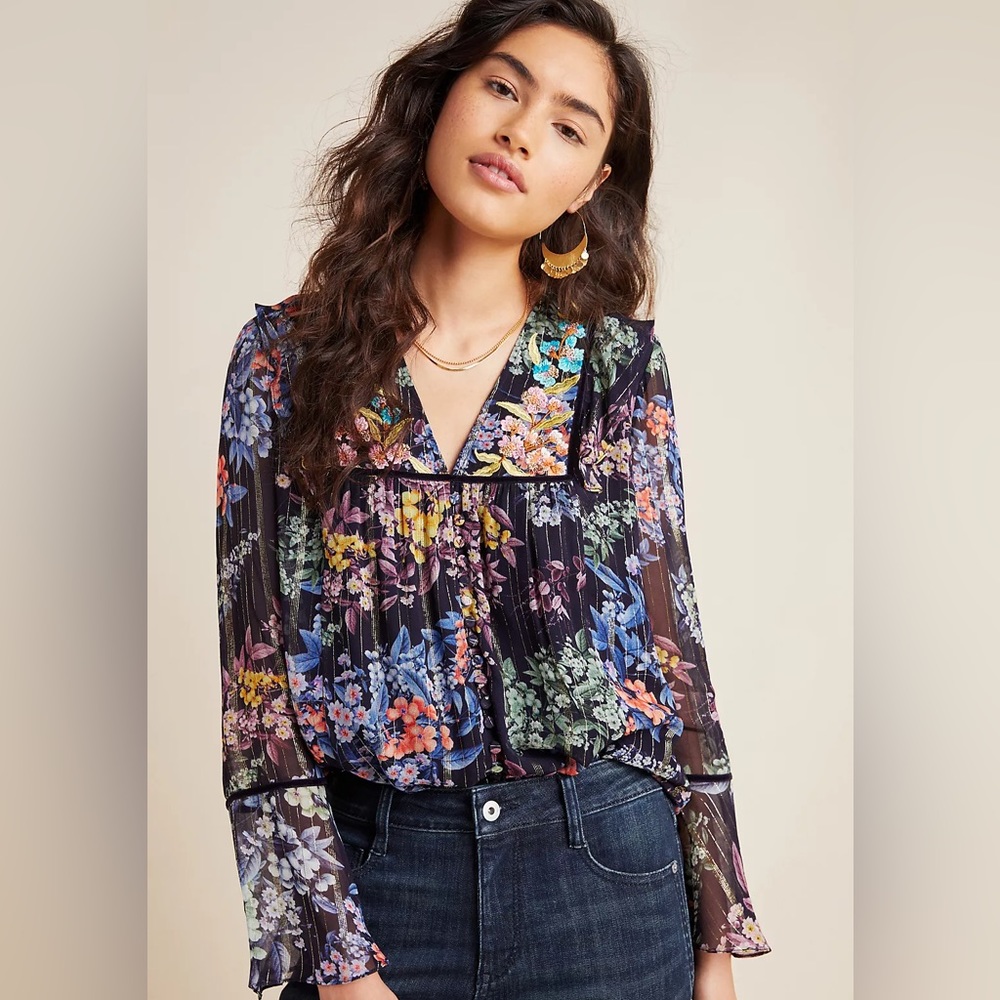 Anthropologie Black Sheer Floral V-Neck Pleated Blouse